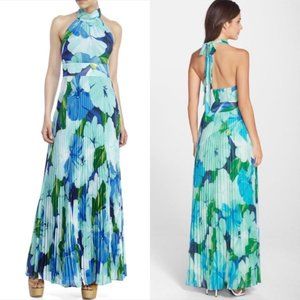 ELIZA J "Marcia" Blue Floral Halter Chiffon Maxi Dress w/Pleated skirt Size 10